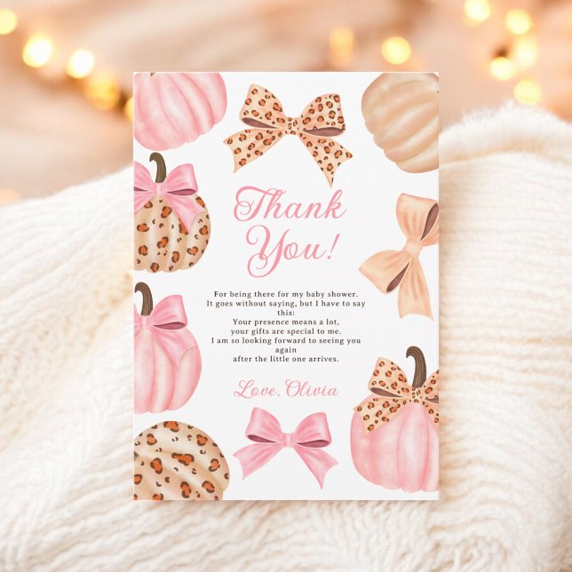 Cute Coquette Rosa Bow Leopard Pumpkin babydusch Tack Kort (Cute Coquette Pink Bow Leopard Pumpkin baby shower Thank You Card)