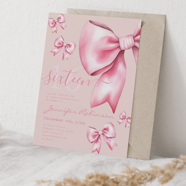 Cute Coquette  Rosa Bow Sweet 16 Blek Ro Inbjudningar (Cute Coquette Blush Pink Bow Sweet 16 Pale Rose Invitation)