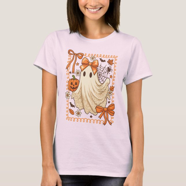 Cute Coquette Snöre Ghost Halloween Pumpkin Frimär T Shirt (Framsida)