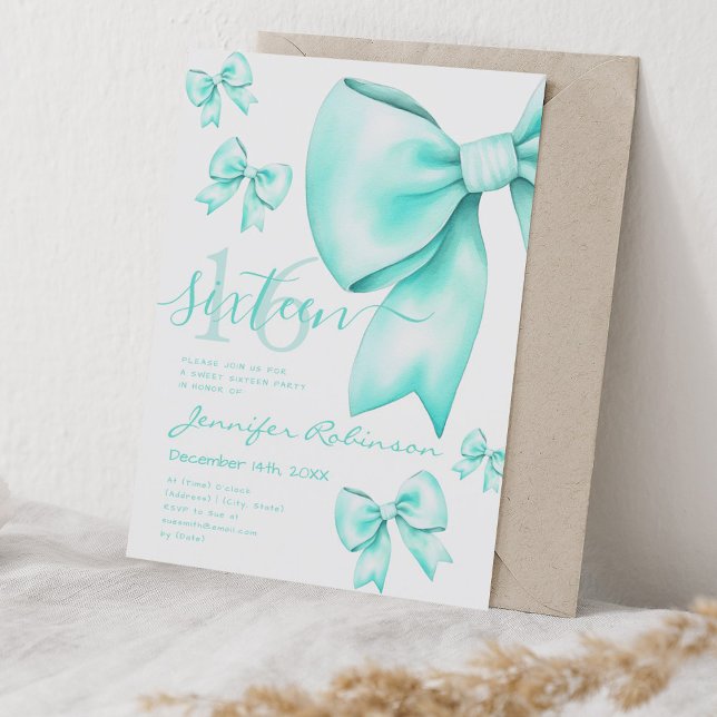 Cute Coquette Turcos Bow Sweet 16 Inbjudningar (Cute Coquette Turquoise Bow Sweet 16 Invitation)