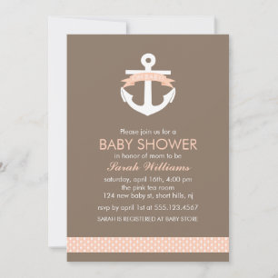 Cute Coral Anchor Nautical Themme Baby Shower Inbjudningar
