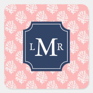 Cute Coral Mönster och Blue Monogram Fyrkantigt Klistermärke