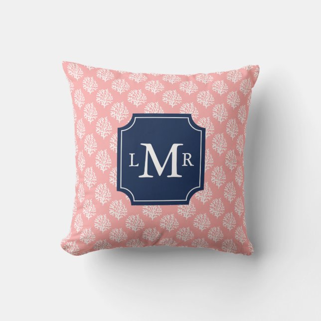 Cute Coral Mönster och Blue Monogram Kudde (Framsida)