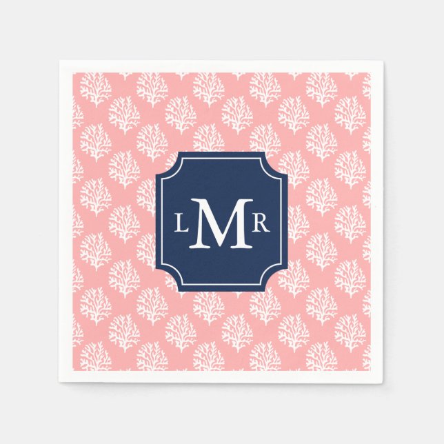 Cute Coral Mönster och Blue Monogram Pappersservett (Framsidan)