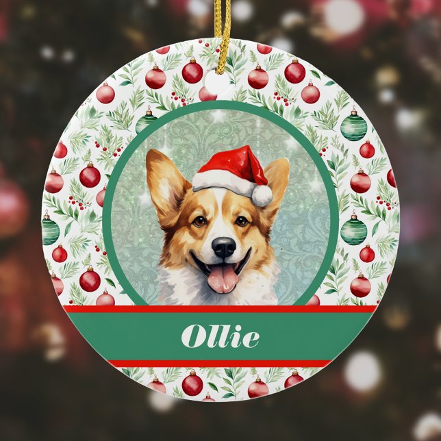Cute Corgi Art med Santa Hat och prydnadsföremål Julgransprydnad Keramik (Skapare uppladdad)