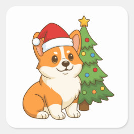 Cute Corgi Dog in a Red Hat with Christmas Tree 2 Fyrkantigt Klistermärke