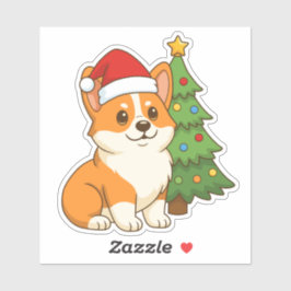 Cute Corgi Dog in a Red Hat with Christmas Tree Klistermärken