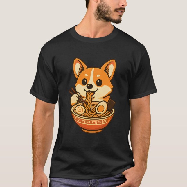 Cute Corgi Eating Ramen ,Kawaii Dog T-Shirt Design (Framsida)