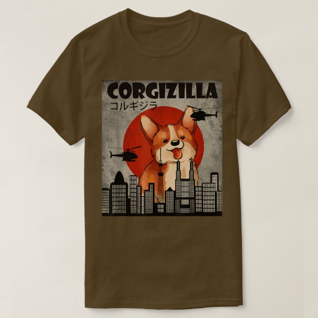 Cute Corgi , Funny Corgi Zilla, Japanska Stil T Shirt (Design framsida)