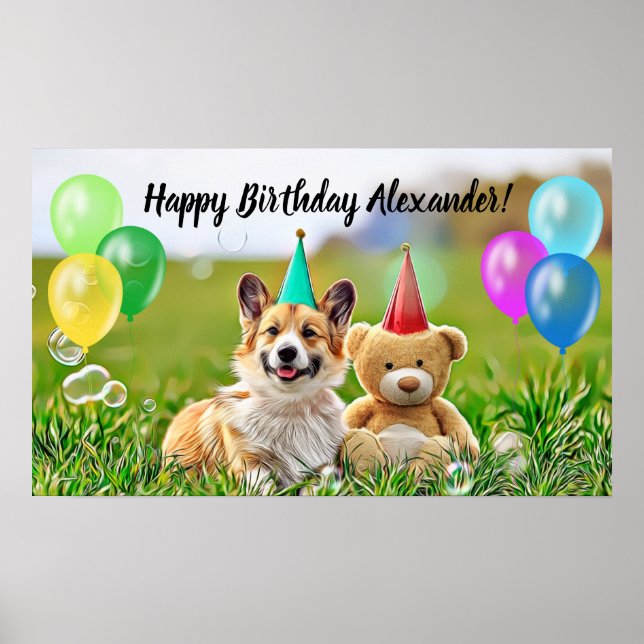 Cute Corgi Grattis på födelsedagen Party Poster (Framsidan)