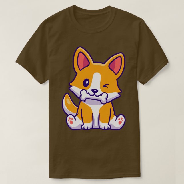 Cute Corgi Hund Eating Bone Tecknad T Shirt (Design framsida)