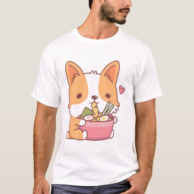Cute Corgi Hund Eating Ramen T Shirt (Framsida)