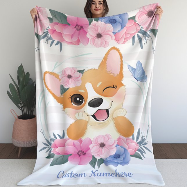 Cute Corgi Hund Flower Wand Blue Butterfly Anpassn Fleecefilt (Cute Corgi Dog Flower Wreath Blue Butterfly Custom Fleece Blanket (L))