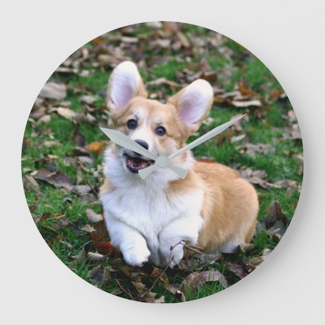 Cute Corgi Hund Leaping Stor Klocka (Framsida)