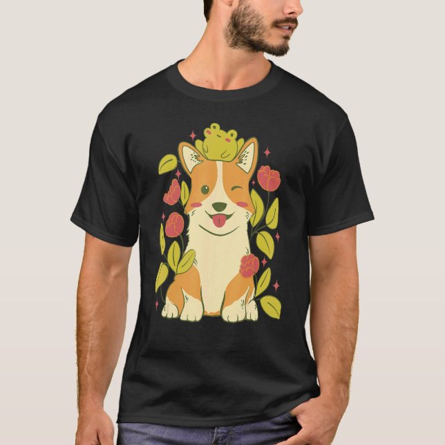 Cute Corgi Hund och groda T Shirt (Framsida)