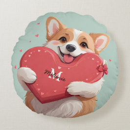 Cute Corgi Hund Pun Hearts Monogram Namn Valentine Rund Kudde