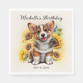 Cute Corgi Hund Sunblommor Birthday Pappersservett