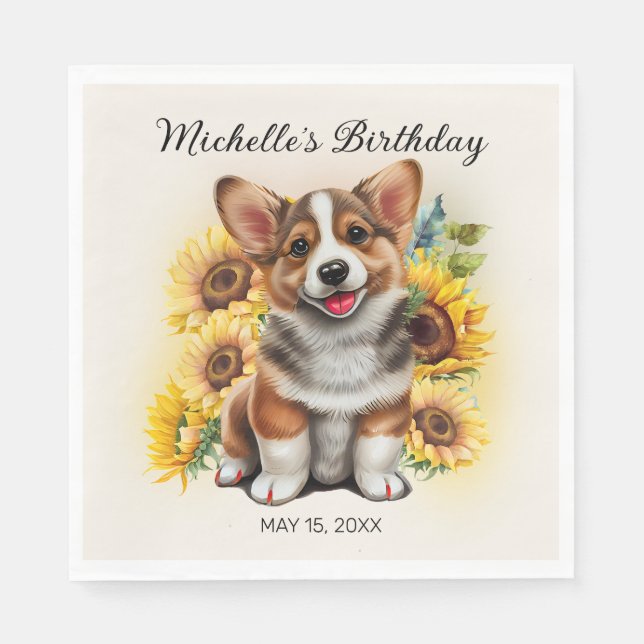Cute Corgi Hund Sunblommor Birthday Pappersservett (Framsidan)