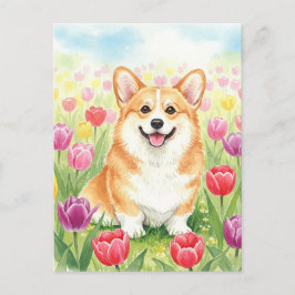 Cute Corgi i Tulips-vykort Vykort