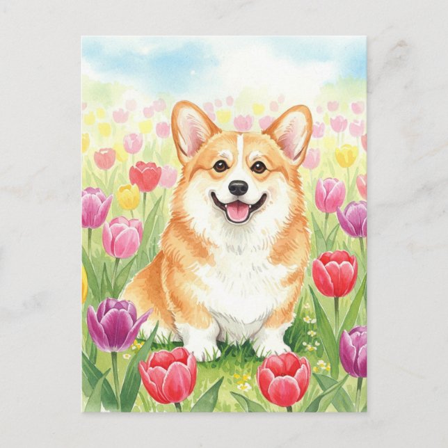 Cute Corgi i Tulips-vykort Vykort (Framsida)