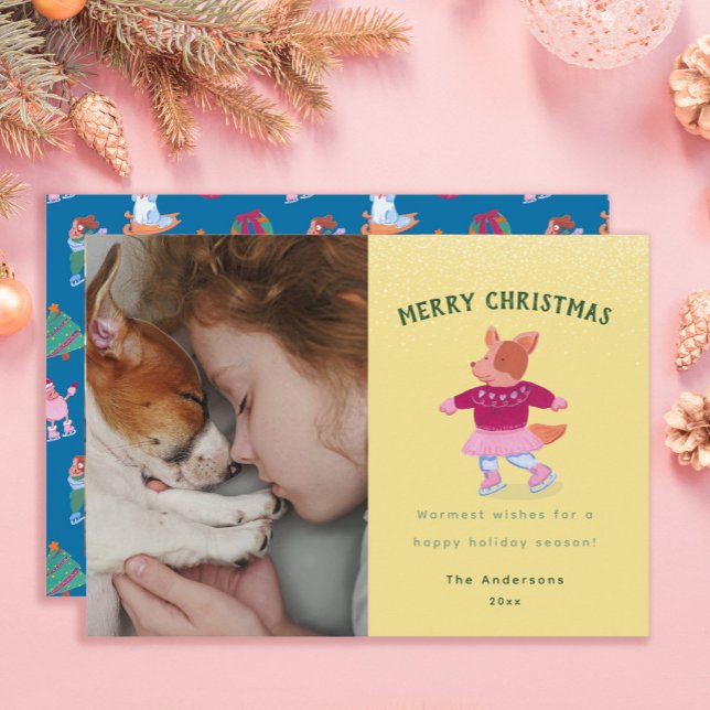 Cute Corgi Ice Skating Mustard Yellow Christmas  Julkort (Skapare uppladdad)