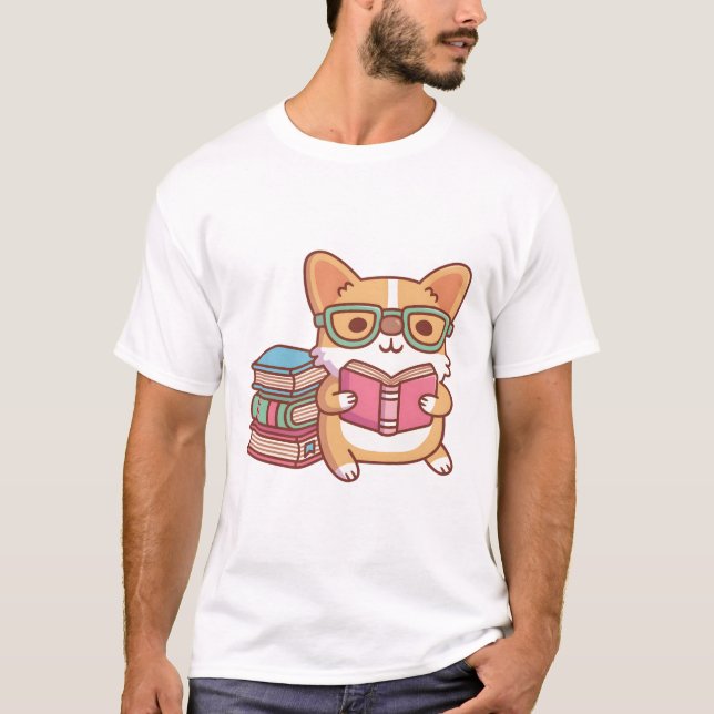 Cute Corgi med glas som läses a Bok T Shirt (Framsida)