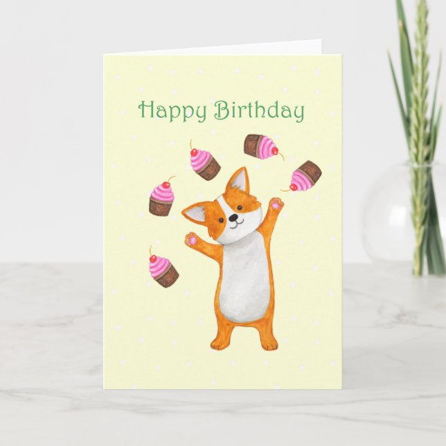 Cute Corgi med muffinsarna Corgi Grattis på födels Kort (Framsida)