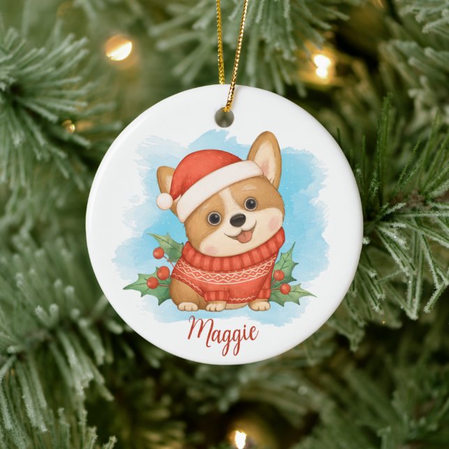 Cute Corgi med Namn Julgransprydnad Keramik (Träd)