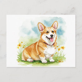 Cute Corgi med vykort för blommor