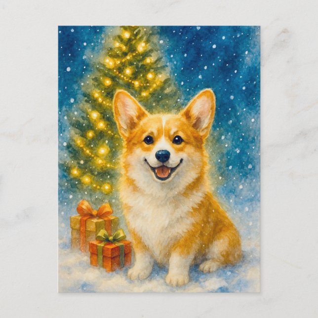 Cute Corgi Merry Lycklig Julgran vykort (Framsida)
