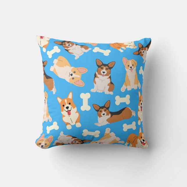 Cute Corgi Mönster Blue Kudde (Framsida)
