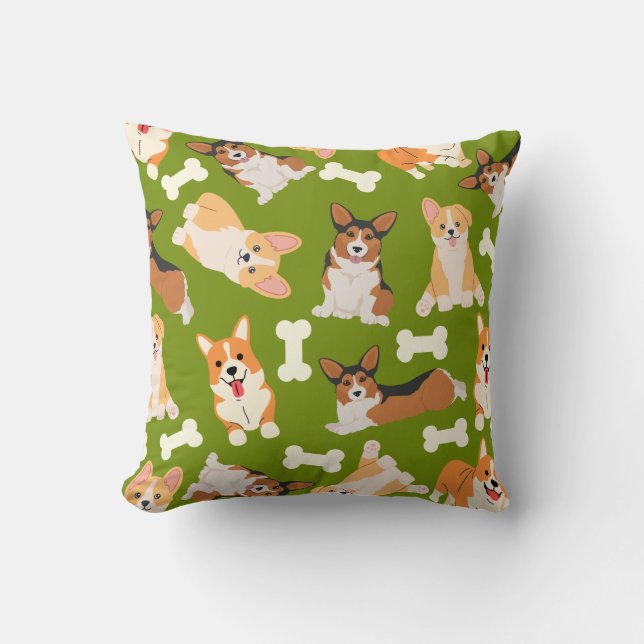 Cute Corgi Mönster Grönt Kudde (Framsida)