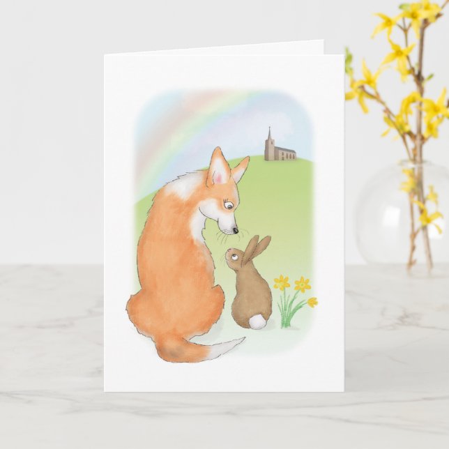 Cute corgi och kanin Påsk-kort Kort (Gul blomma)