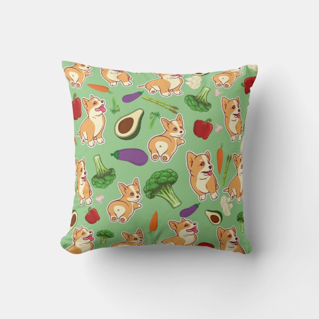 Cute Corgi och Vegetables Food Mönster Grönt Kudde (Framsida)