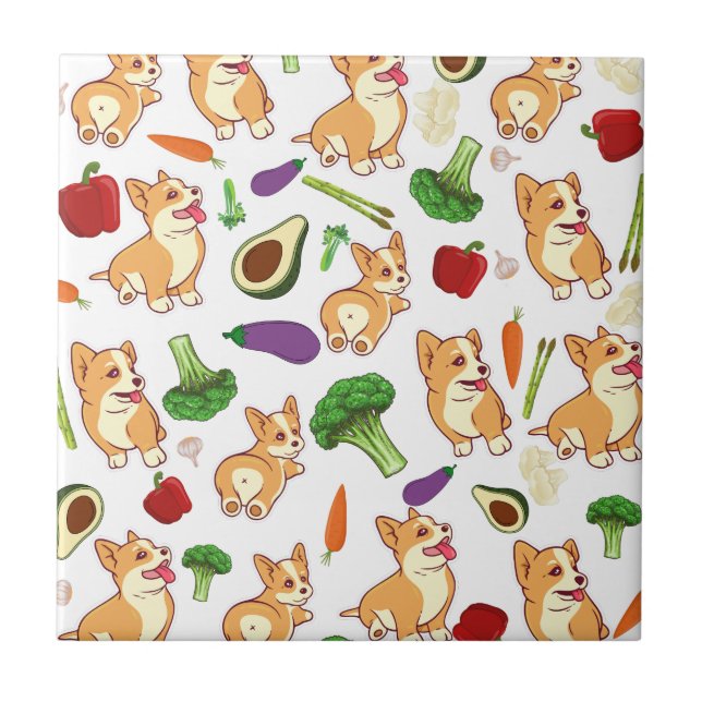 Cute Corgi och Vegetables Food Mönster Kakelplatta (Framsidan)