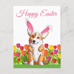 Cute Corgi Påskhare Öron Tulip Flowers Vykort