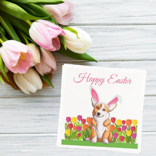 Cute Corgi Påskhare Tulip Flowers Party Pappersservett