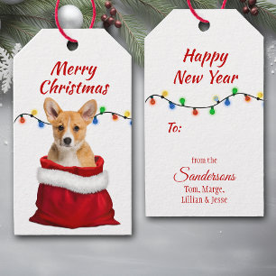 Cute Corgi Puppy Hund i Santa Bag Presentetikett