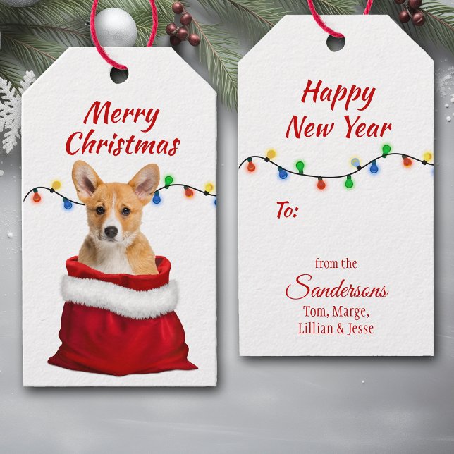 Cute Corgi Puppy Hund i Santa Bag Presentetikett (Skapare uppladdad)