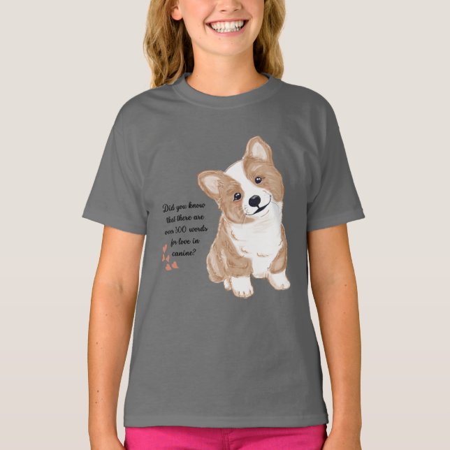 Cute Corgi Puppy Love Kids Graphic Gray T-Shirt (Framsida)