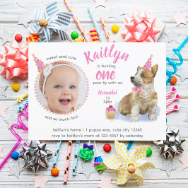 Cute Corgi 🐶 Puppy Rosa Photo First Birthday Inbjudningar
