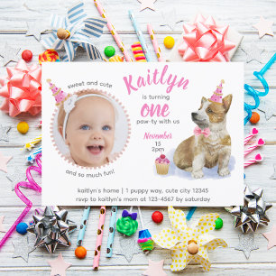 Cute Corgi 🐶 Puppy Rosa Photo First Birthday Inbjudningar