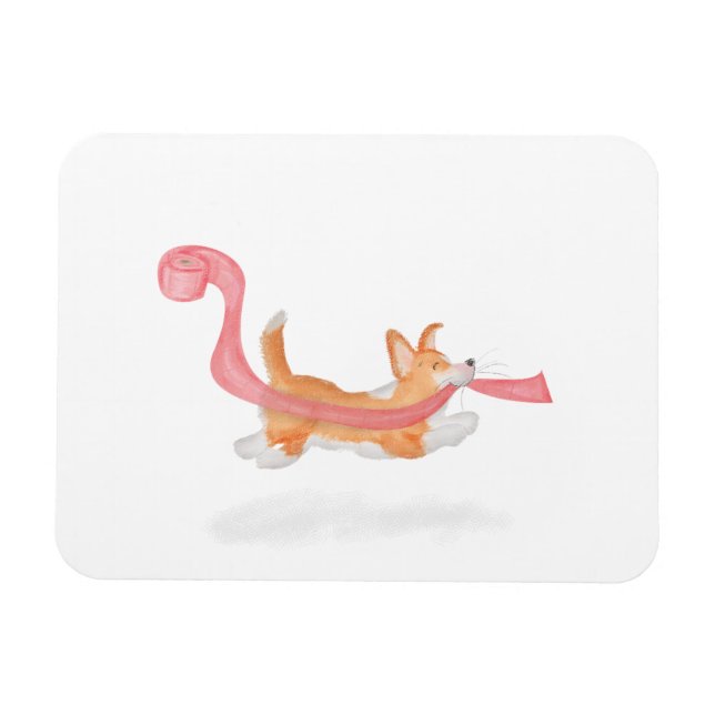 Cute corgi puppy stealing toilet roll magnet (Horisontell)