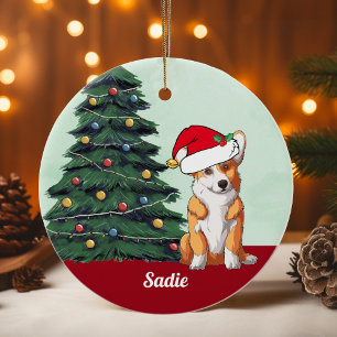 Cute Corgi Santa Hat Monogrammed Julgran Julgransprydnad Keramik