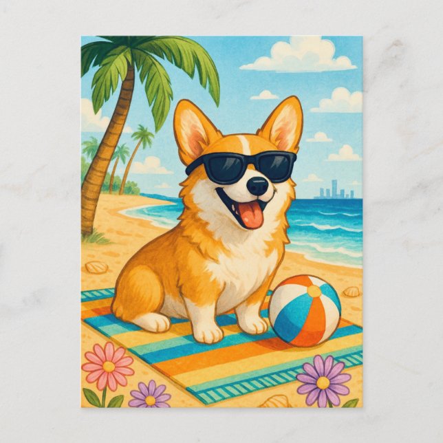 Cute Corgi Sunglasses Handflatan Beach-vykort Vykort (Framsida)