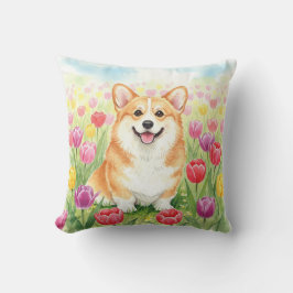Cute Corgi Tulips Vår Pillow Kudde