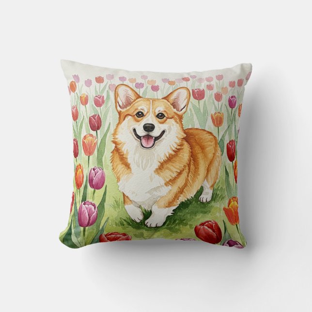 Cute Corgi Tulips Vår Pillow Kudde (Framsida)