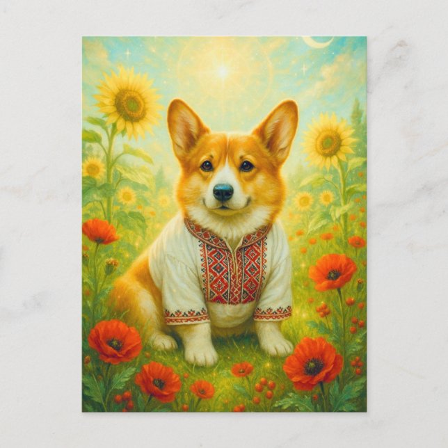 Cute Corgi Ukraina Solros Welsh Queen Postcard Vykort (Framsida)