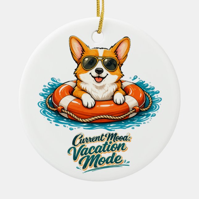 Cute Corgi "Vacation Mode" Summer Design Julgransprydnad Keramik (Framsidan)
