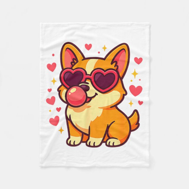 Cute Corgi Valentine Puppy With Heart Sungles  Fleecefilt (Framsidan)